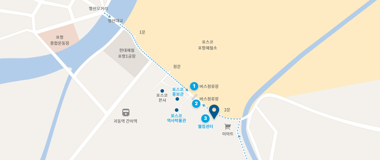 대중교통 이동시 지도-park1538, 도로명: 경상북도 포항시 남구 동해안로6213번길 5-11, 지번(구): 경북 포항시 남구 동촌동 701-49